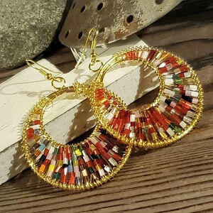 Beaded Red Multi Tiny Glass Beads Gogo Gold Tone Hoop Earrings